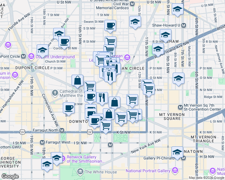 map of restaurants, bars, coffee shops, grocery stores, and more near 14th Street Northwest & N Street Northwest in Washington