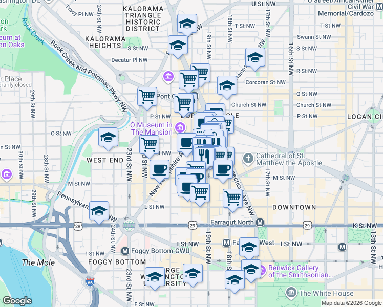 map of restaurants, bars, coffee shops, grocery stores, and more near 20th Street Northwest in Washington