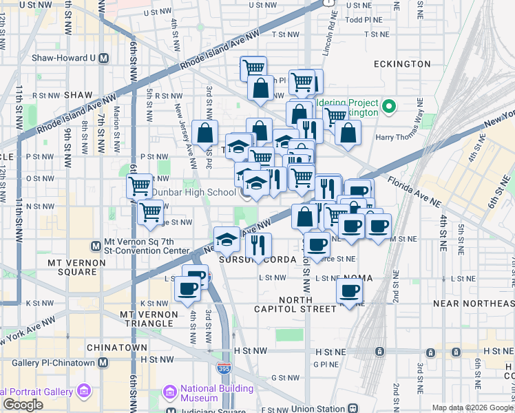 map of restaurants, bars, coffee shops, grocery stores, and more near N Street Northwest & 1st Street Northwest in Washington