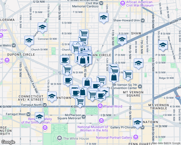 map of restaurants, bars, coffee shops, grocery stores, and more near N St NW & Vermont Ave NW in Washington