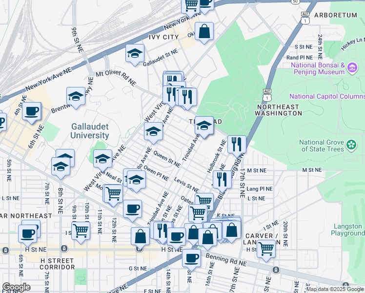 map of restaurants, bars, coffee shops, grocery stores, and more near 1275 Meigs Place Northeast in Washington