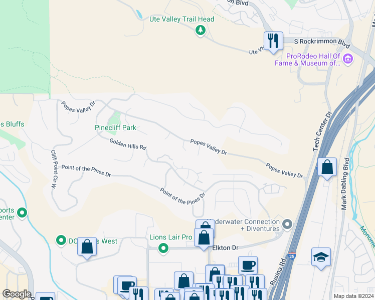 map of restaurants, bars, coffee shops, grocery stores, and more near 525 Popes Valley Drive in Colorado Springs
