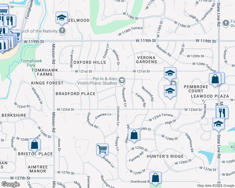 map of restaurants, bars, coffee shops, grocery stores, and more near 12212 Reinhardt Lane in Leawood