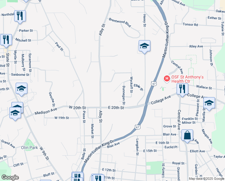 map of restaurants, bars, coffee shops, grocery stores, and more near 300 Mc Ginnis Street in Alton