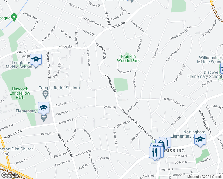 map of restaurants, bars, coffee shops, grocery stores, and more near 2028 Powhatan Street in Falls Church