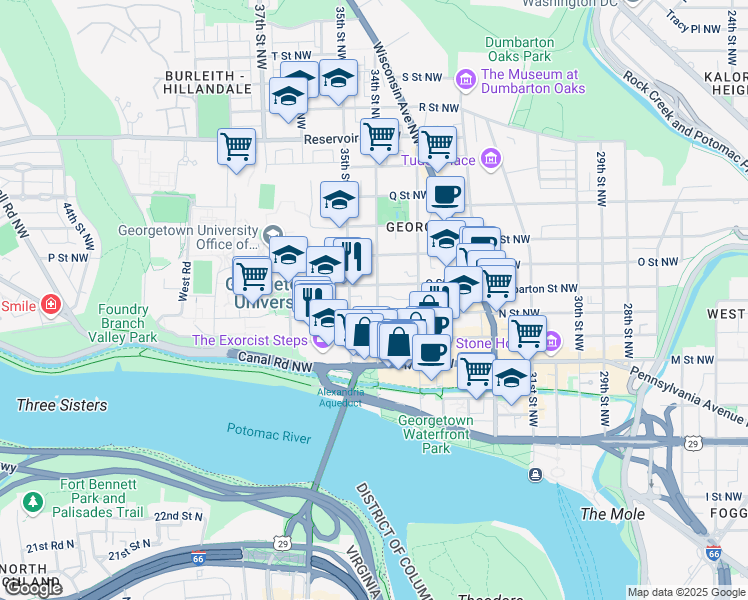 map of restaurants, bars, coffee shops, grocery stores, and more near 1314 34th Street Northwest in Washington