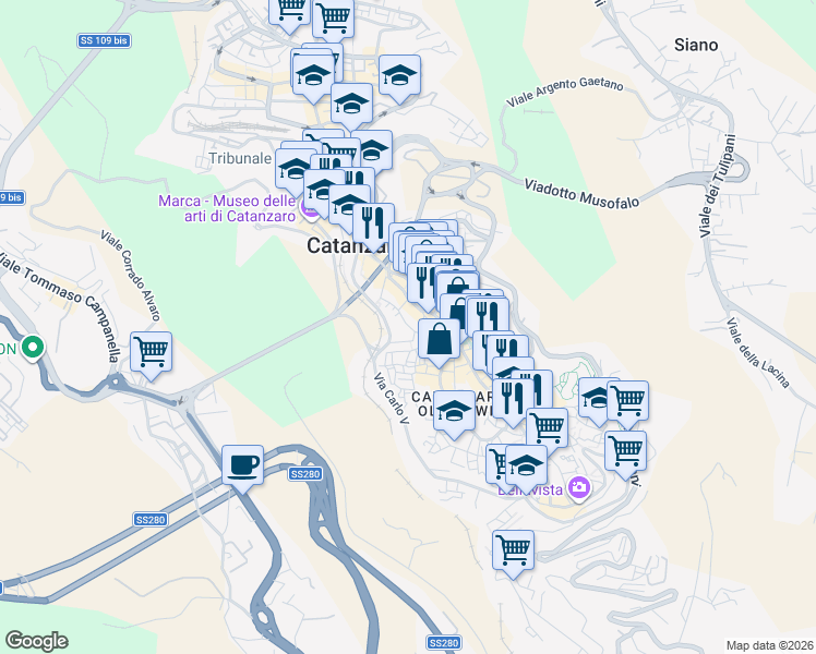 map of restaurants, bars, coffee shops, grocery stores, and more near 28A Via Scalfaro in Catanzaro