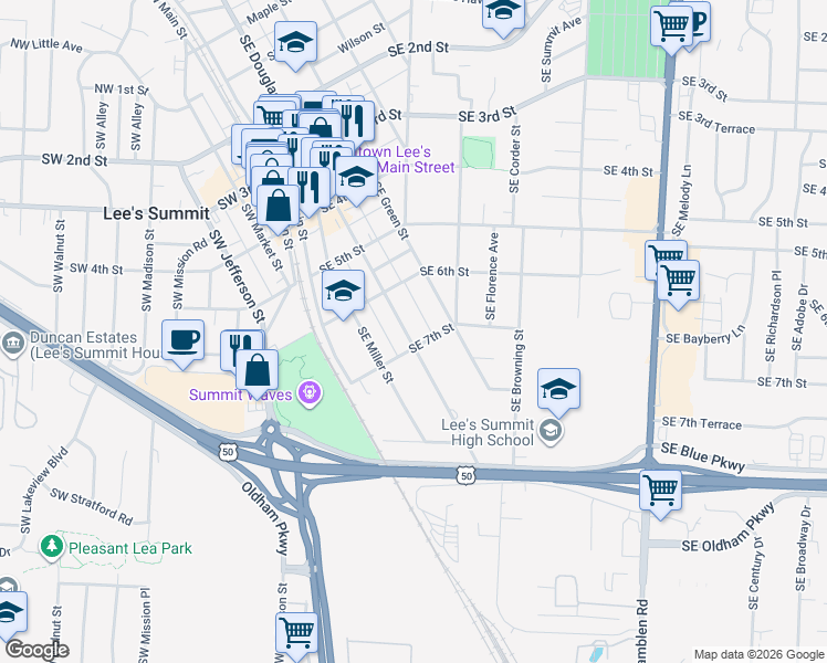 map of restaurants, bars, coffee shops, grocery stores, and more near 610 Southeast Douglas Street in Lee's Summit