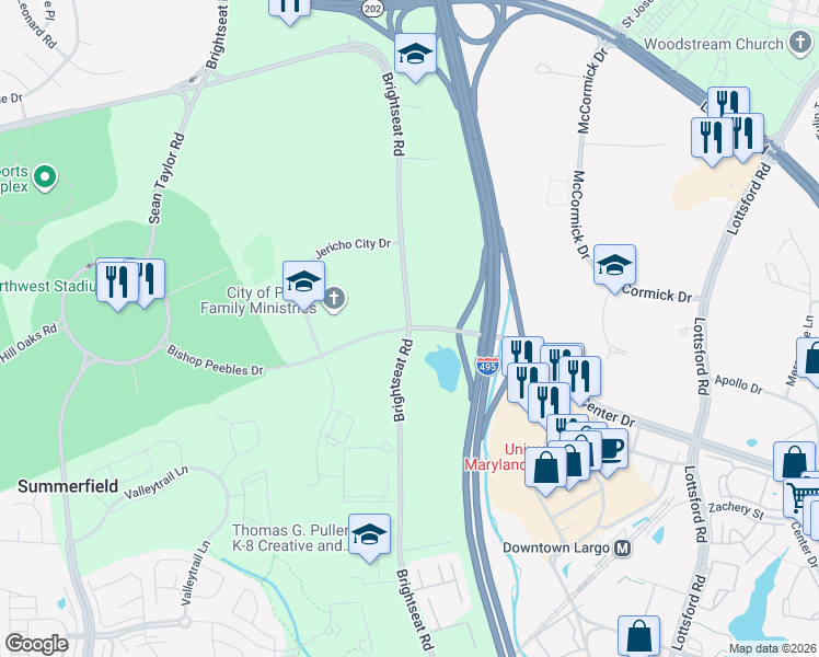 map of restaurants, bars, coffee shops, grocery stores, and more near Arena Dr & Brightseat Rd in Prince George's