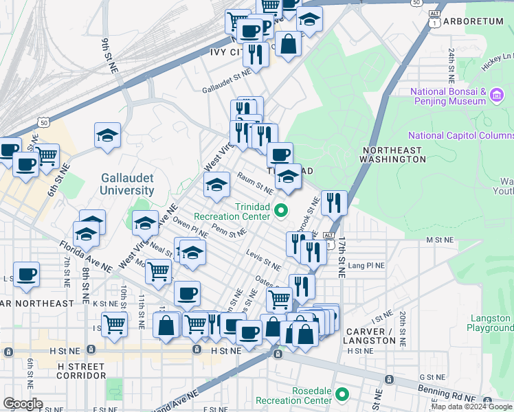 map of restaurants, bars, coffee shops, grocery stores, and more near 1271 Meigs Place Northeast in Washington