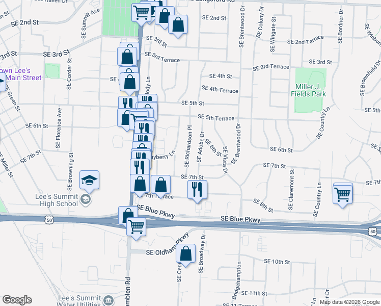 map of restaurants, bars, coffee shops, grocery stores, and more near 612 Southeast Adobe Drive in Lee's Summit