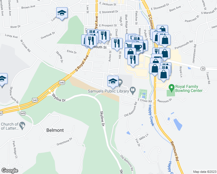 map of restaurants, bars, coffee shops, grocery stores, and more near 240 East Criser Road in Front Royal