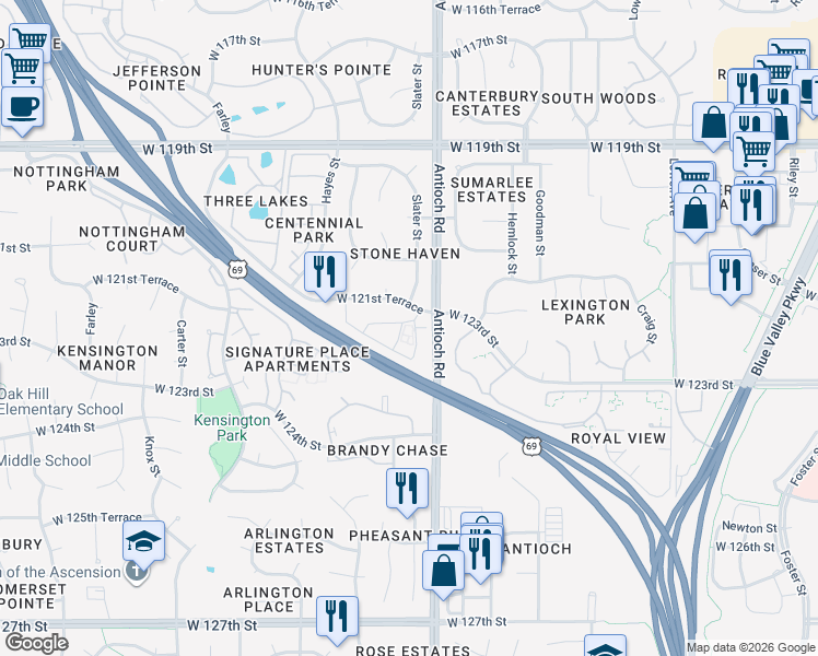 map of restaurants, bars, coffee shops, grocery stores, and more near 8755 West 121st Terrace in Overland Park