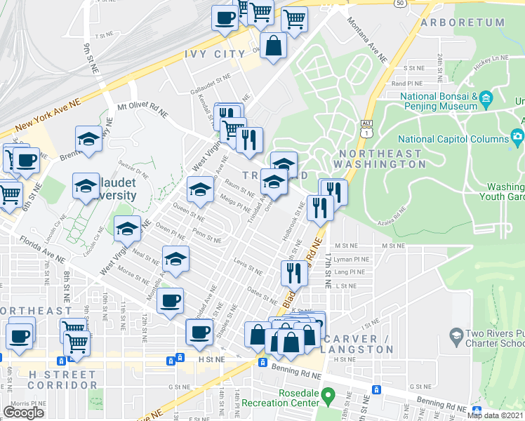map of restaurants, bars, coffee shops, grocery stores, and more near 101 Independence Avenue Southeast in Washington