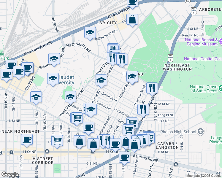 map of restaurants, bars, coffee shops, grocery stores, and more near 101 Independence Avenue Southeast in Washington