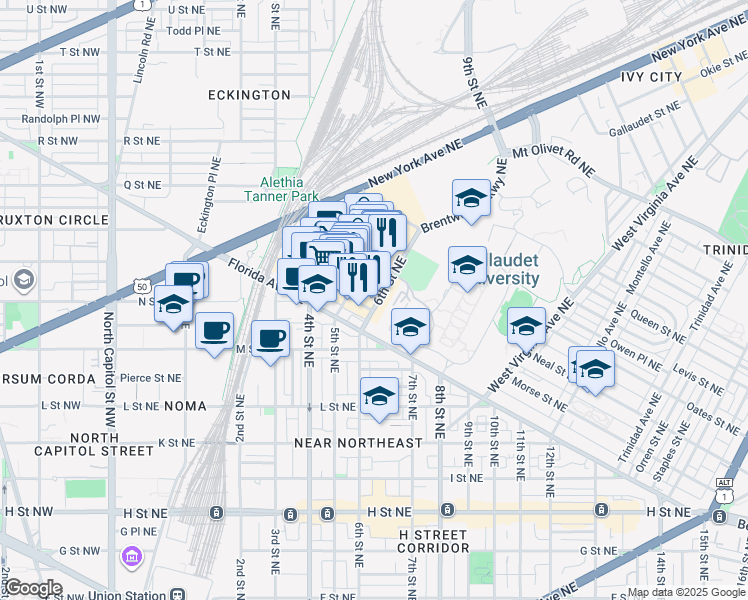 map of restaurants, bars, coffee shops, grocery stores, and more near 101 Independence Avenue Southeast in Washington