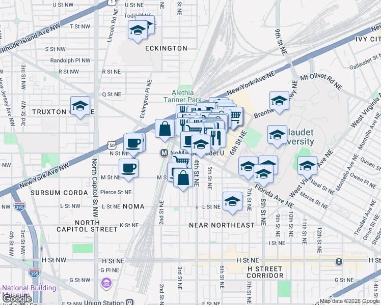 map of restaurants, bars, coffee shops, grocery stores, and more near 101 Independence Avenue Southeast in Washington