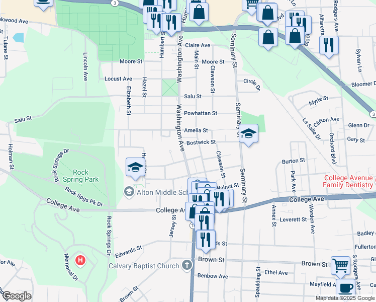 map of restaurants, bars, coffee shops, grocery stores, and more near 2005 Washington Avenue in Alton