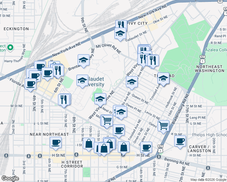 map of restaurants, bars, coffee shops, grocery stores, and more near Penn Street Northeast in Washington