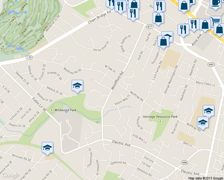 map of restaurants, bars, coffee shops, grocery stores, and more near Woodford Road in Vienna