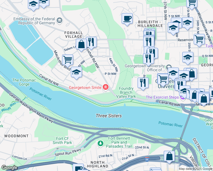 map of restaurants, bars, coffee shops, grocery stores, and more near 1406 Foxhall Road Northwest in Washington