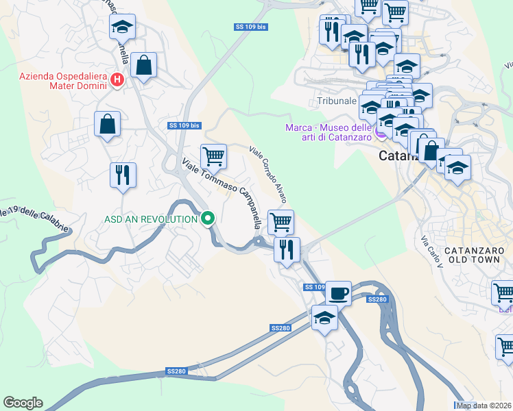 map of restaurants, bars, coffee shops, grocery stores, and more near 8b Viale Tommaso Campanella in Catanzaro