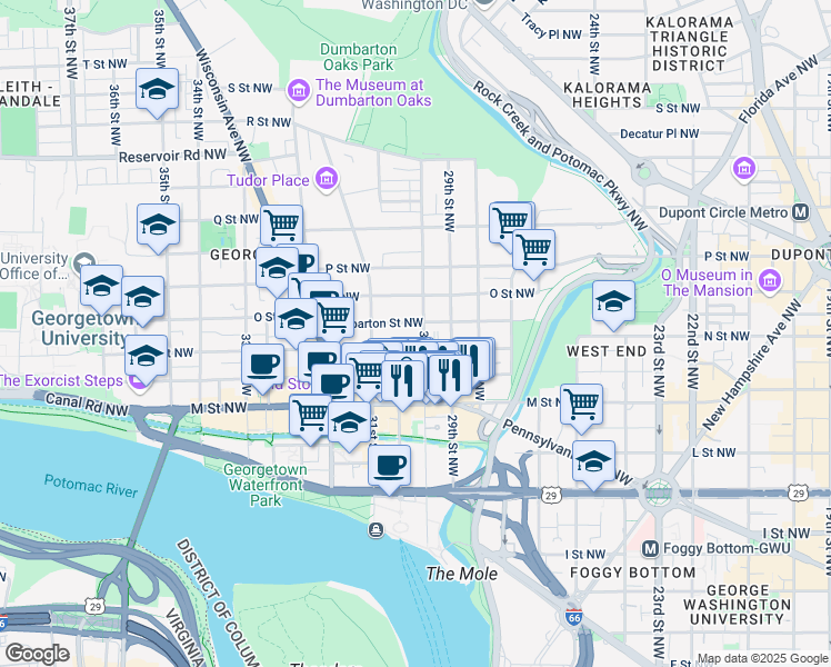 map of restaurants, bars, coffee shops, grocery stores, and more near 1312 30th Street Northwest in Washington