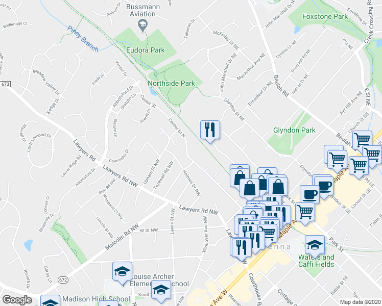 map of restaurants, bars, coffee shops, grocery stores, and more near 403 Center Street North in Vienna