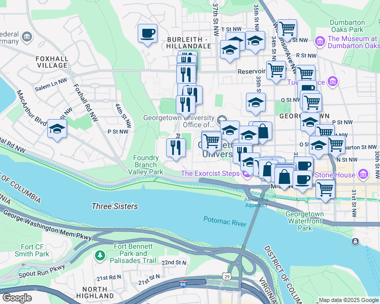 map of restaurants, bars, coffee shops, grocery stores, and more near 3825 North Road in Washington