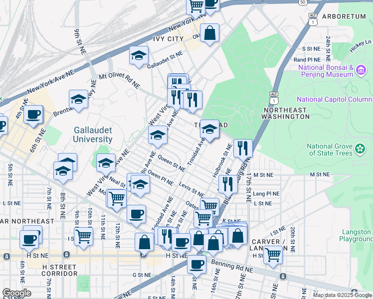 map of restaurants, bars, coffee shops, grocery stores, and more near 1273 Meigs Place Northeast in Washington