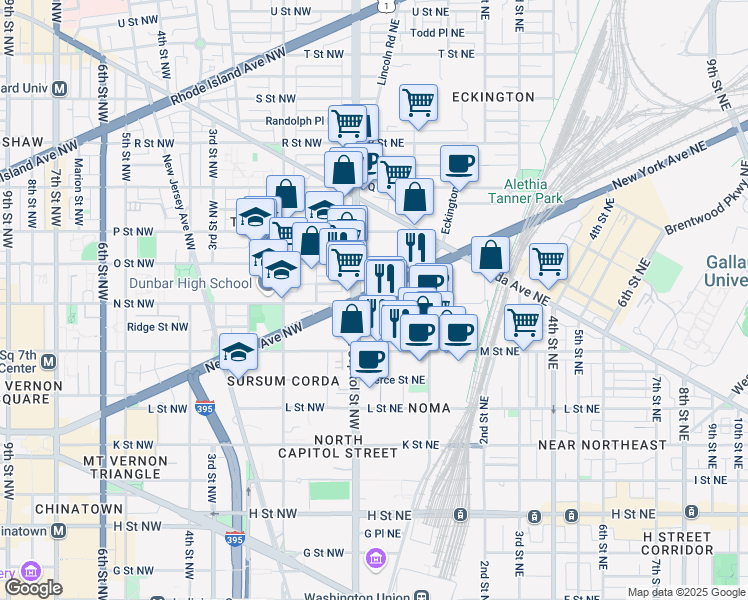 map of restaurants, bars, coffee shops, grocery stores, and more near 24 N Street Northeast in Washington