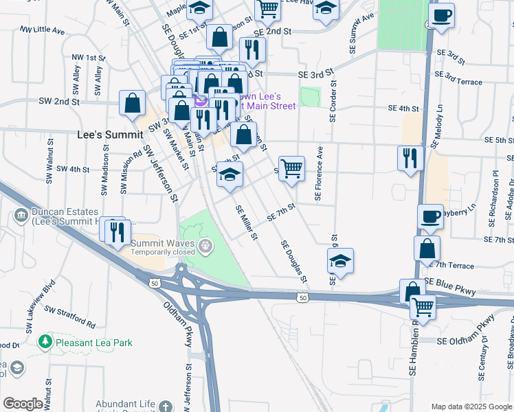 map of restaurants, bars, coffee shops, grocery stores, and more near 610 Southeast Douglas Street in Lee's Summit