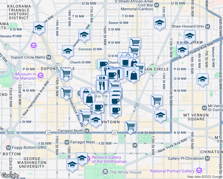 map of restaurants, bars, coffee shops, grocery stores, and more near 1300 Corregidor Street Northwest in Washington