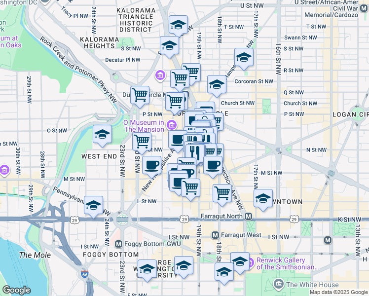 map of restaurants, bars, coffee shops, grocery stores, and more near 1301 20th Street Northwest in Washington