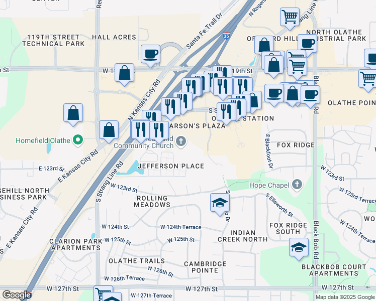 map of restaurants, bars, coffee shops, grocery stores, and more near 12175 South Strang Line Road in Olathe