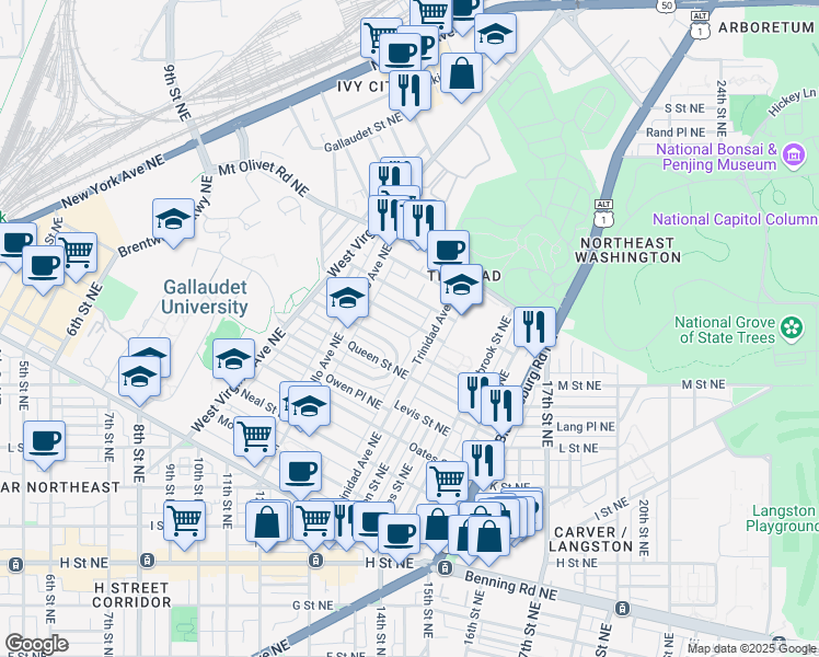 map of restaurants, bars, coffee shops, grocery stores, and more near 1271 Meigs Place Northeast in Washington