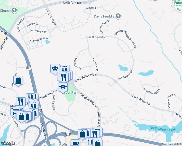 map of restaurants, bars, coffee shops, grocery stores, and more near 10514 Lake Arbor Way in Bowie