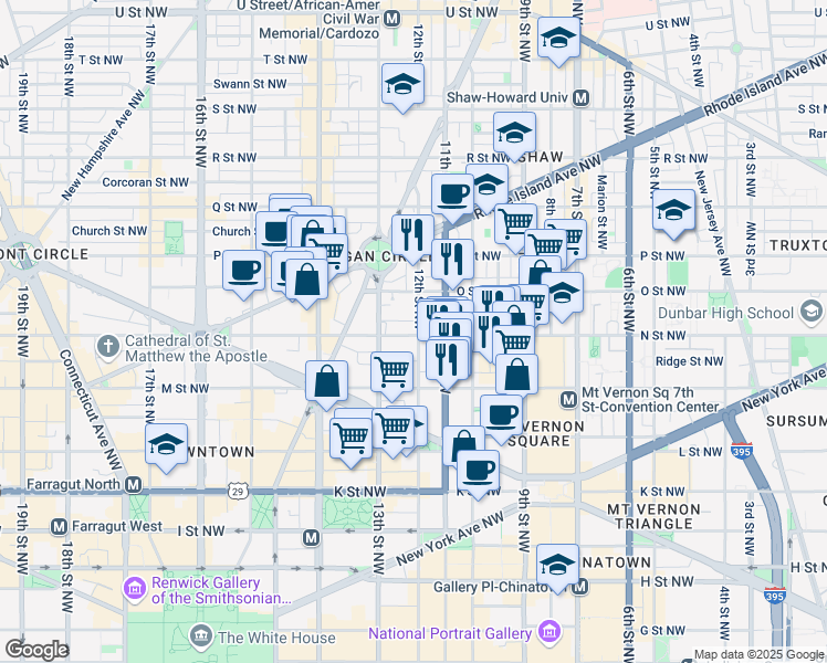 map of restaurants, bars, coffee shops, grocery stores, and more near 1213 N Street Northwest in Washington