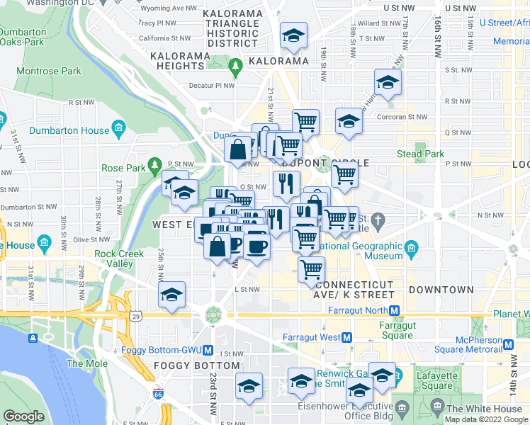 map of restaurants, bars, coffee shops, grocery stores, and more near 2101 N Street Northwest in Washington
