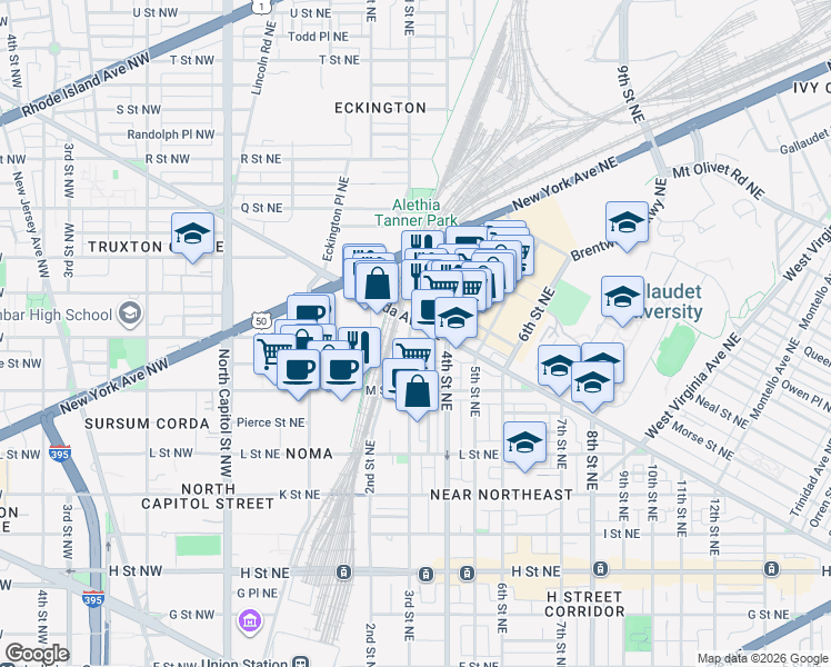 map of restaurants, bars, coffee shops, grocery stores, and more near 301 Florida Avenue Northeast in Washington