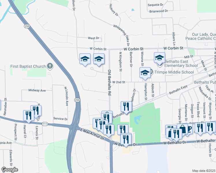 map of restaurants, bars, coffee shops, grocery stores, and more near 174 Old Bethalto Road in Bethalto