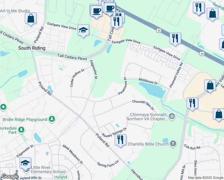 map of restaurants, bars, coffee shops, grocery stores, and more near 25651 Green Fern Court in Chantilly