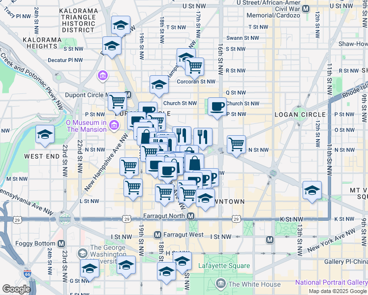 map of restaurants, bars, coffee shops, grocery stores, and more near 1733 N Street Northwest in Washington