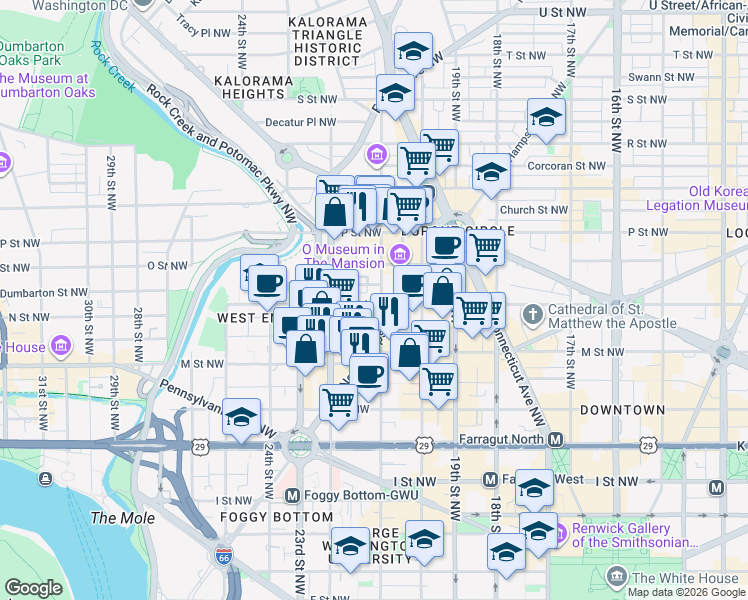 map of restaurants, bars, coffee shops, grocery stores, and more near 2101 N Street Northwest in Washington