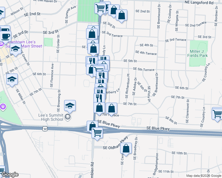 map of restaurants, bars, coffee shops, grocery stores, and more near 664 Southeast Bayberry Lane in Lee's Summit