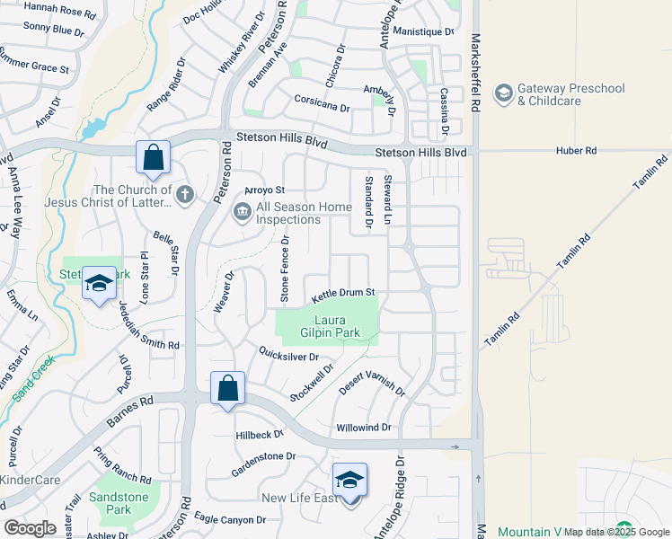 map of restaurants, bars, coffee shops, grocery stores, and more near 5227 Gentle Wind Road in Colorado Springs