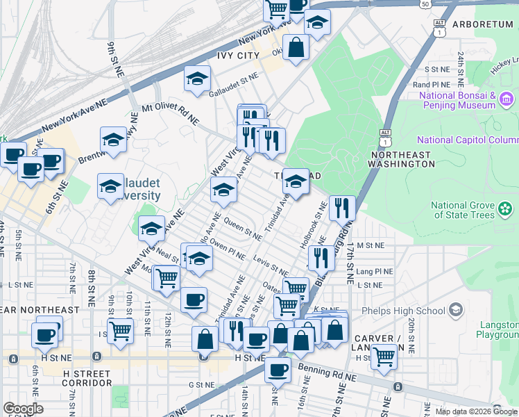 map of restaurants, bars, coffee shops, grocery stores, and more near 101 Independence Avenue Southeast in Washington