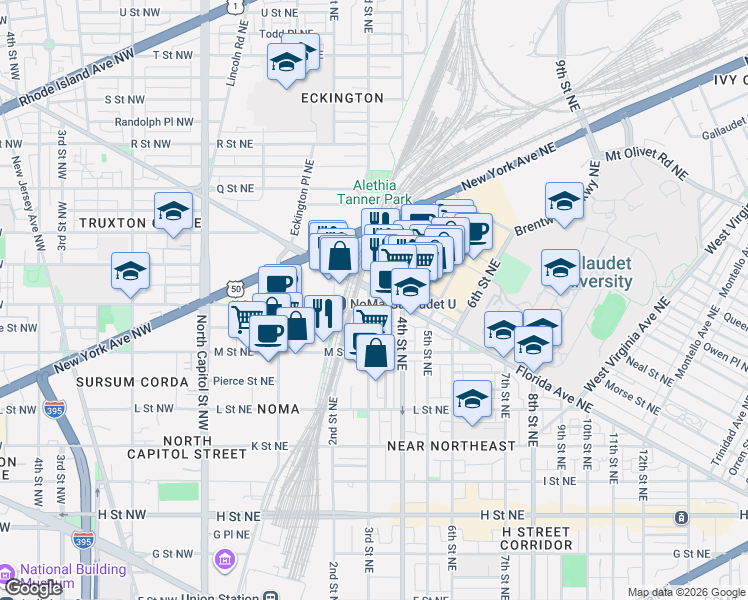 map of restaurants, bars, coffee shops, grocery stores, and more near 101 Independence Avenue Southeast in Washington