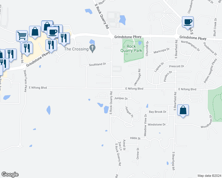 map of restaurants, bars, coffee shops, grocery stores, and more near 3814 South Rock Quarry Road in Columbia