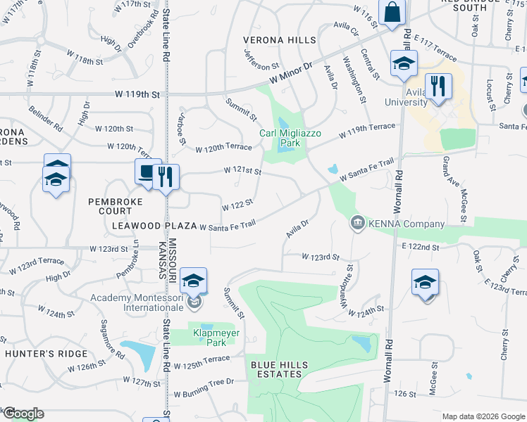 map of restaurants, bars, coffee shops, grocery stores, and more near 717 West Santa Fe Trail in Kansas City
